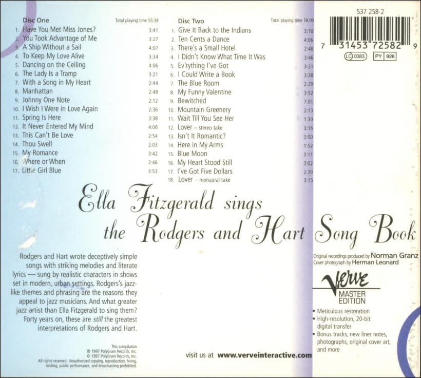 엘라 피츠제럴드 (Ella Fitzgerald) - Sings The Rodgers And Hart Song Book(2cd)(20bit)(유럽발매)