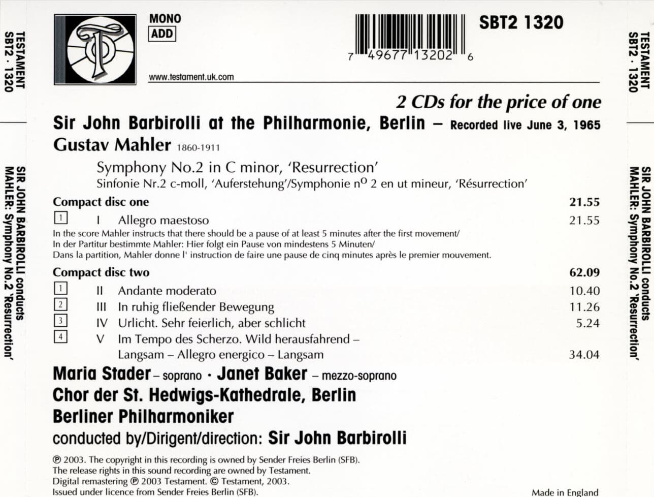 존 바비롤리 - John Barbirolli - Mahler Symphony No.2 Resurrection (부활) 2Cds [U.K발매]