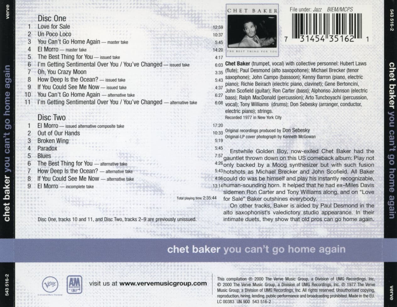 쳇 베이커 - Chet Baker - You Can't Go Home Again 2Cds [E.U발매]
