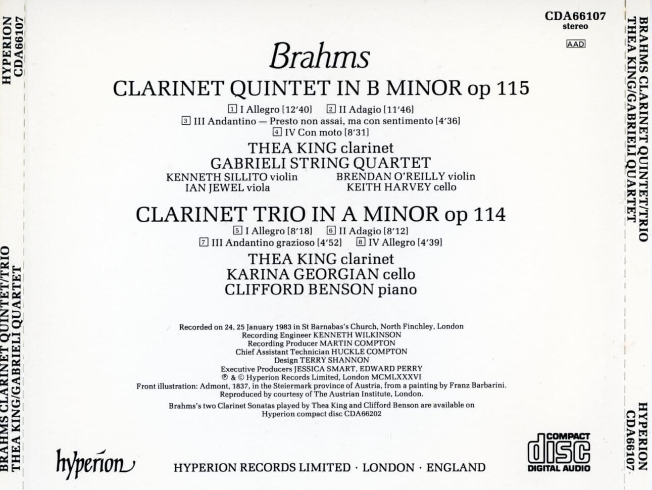 가브리엘리 스털링 콰르텟 - Gabrieli String Quartet - Brahms Clarinet Quintet,Clarinet Trio [U.K발매]