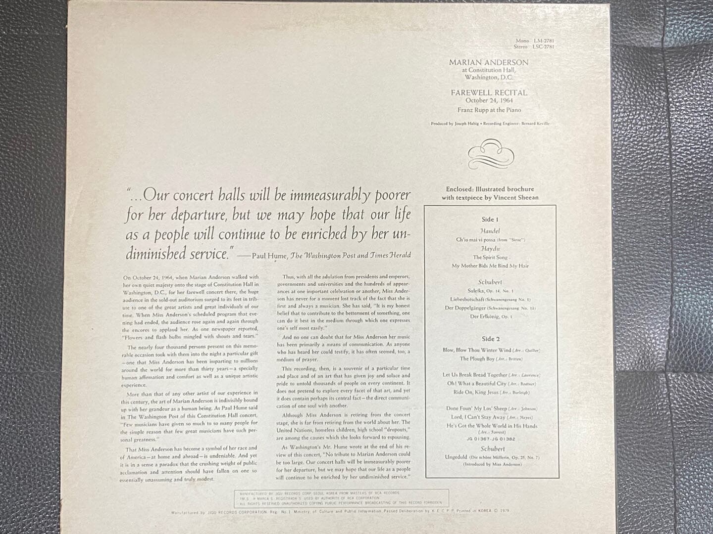 [LP] 마리안 앤더슨 - Marian Anderson - Farewell Recital LP [지구-라이센스반]
