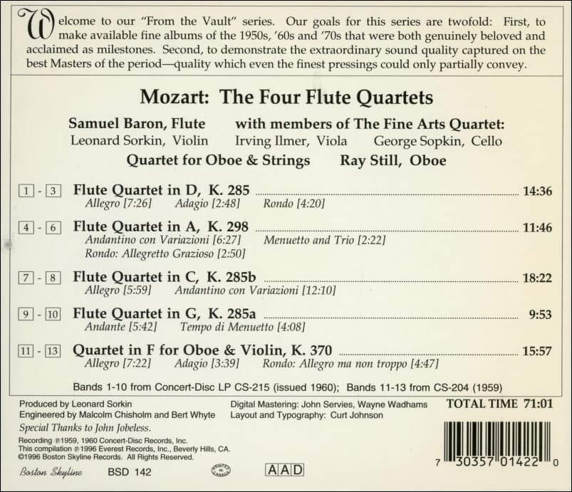 Mozart : The Four Flute Quartets (4개의 플루트 4중주) - 바론 (Samuel Baron)(Canada발매)