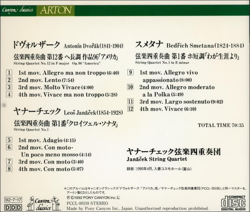 Dvorak : String Quartet No.12 (현악 사중주) - 야나첵 사중주단 (Janacek Quartet)(일본발매) 