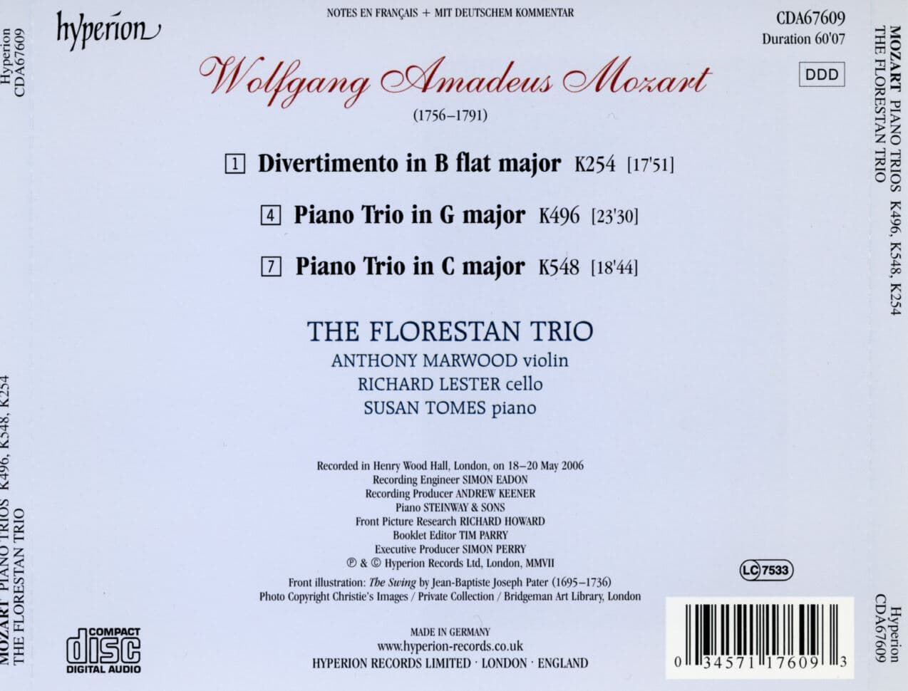 플로레스탄 트리오 - The Florestan Trio - Mozart Piano Trios K496, K548, K254 [U.K발매]