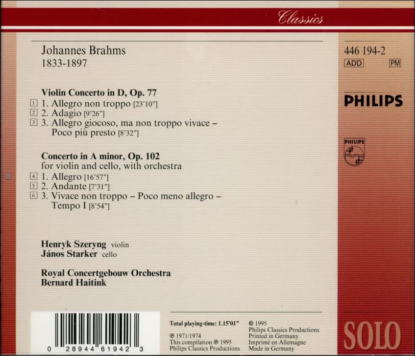 Brahms : (이중 협주곡)Concerto for Violin and Cello - 셰링 (Henryk Szeryng), 슈타커 (Janos Starker)(독일발매)