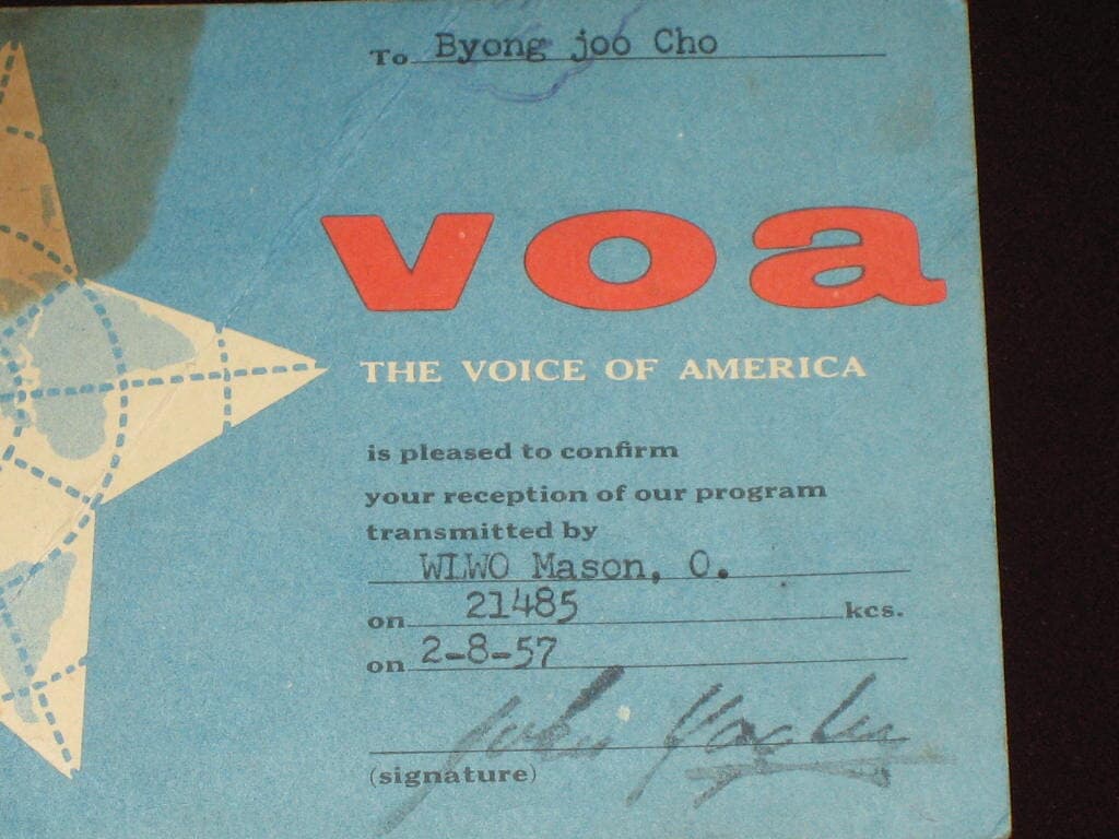 VOA - Voice of America QSL Card 미국의 소리 라디오 네트워크 WL QSL 카드 HL-5001 HL5AP 조병주 HLKJ HLKA KBS DBS 동아방송 TBC KARL CQ HAM 우편엽서 서울방송