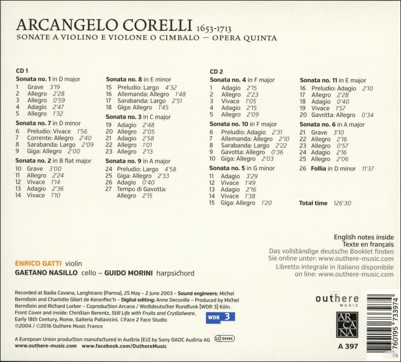 코렐리 (Arcangelo Corelli) : 바이올린 소나타 Op.5 No.1-11 전곡 - 가티 (Enrico Gatti), 모리니 (Guido Morini) (2cd)(France 발매)