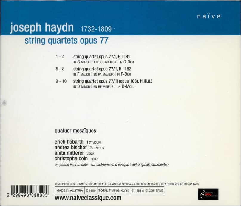 Haydn :  String Quartets Opus 77 (현악 4중주 작품 77) - Quatuor Mosaiques (모자이크 사중주단)(유럽발매)