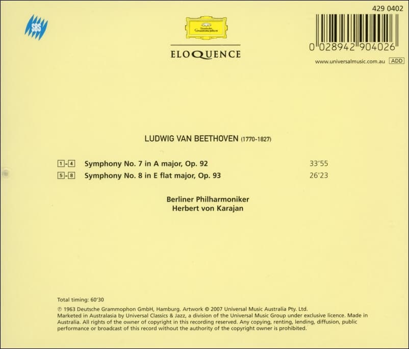 Beethoven : Symphonies Nos. 7 & 8 - 카라얀 (Herbert Von Karajan)(유럽발매)