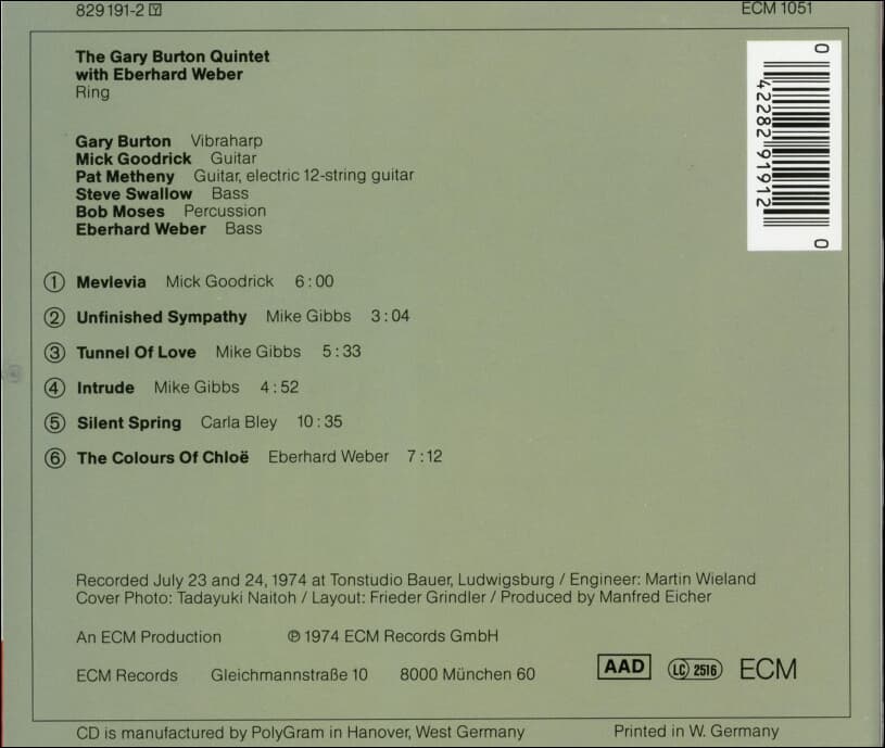 게리 버튼 (Gary Burton) Quintet with 에버하르트 베버 (Eberhard Weber) - Ring (독일발매)