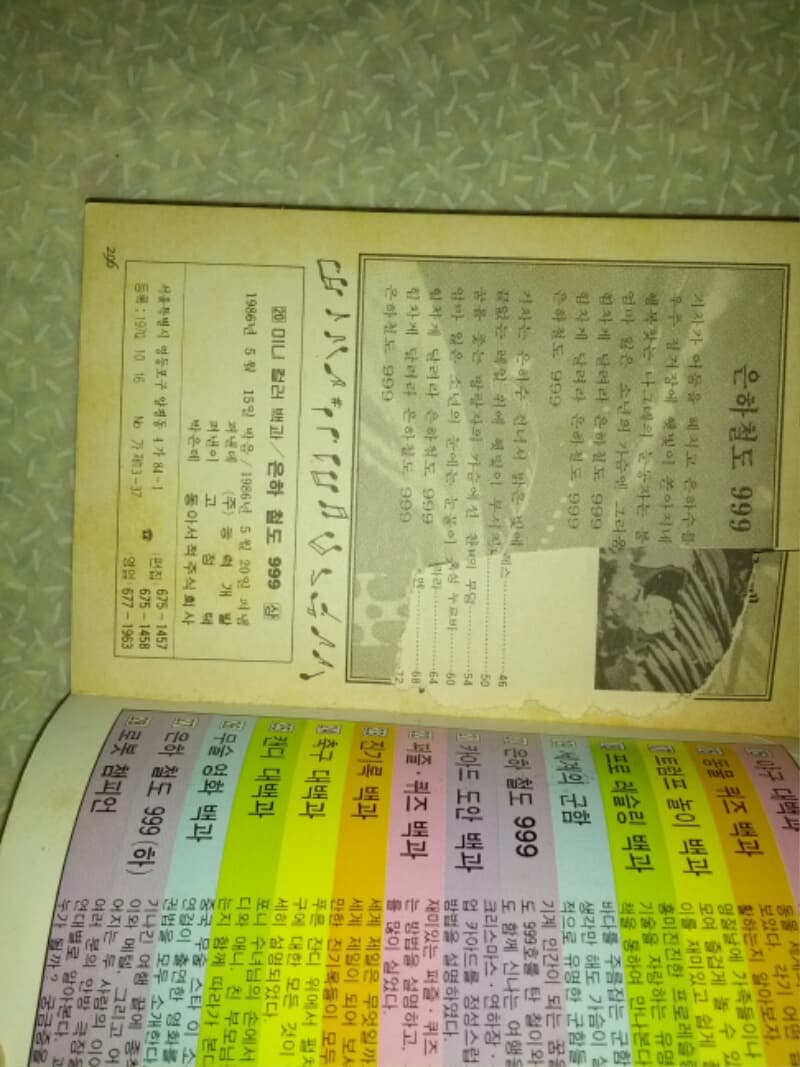 은하철도 999 완결편 상/1986년초판/미니컬러백과/칼라부분 누락없음/개인소장도서로 약간의변색있지만 낱장파본없이 깨끗하고좋으나 몇곳에 갈리짐현상있고 책등 살짝까짐.맨마지막장 오려진부분있음/사진참고