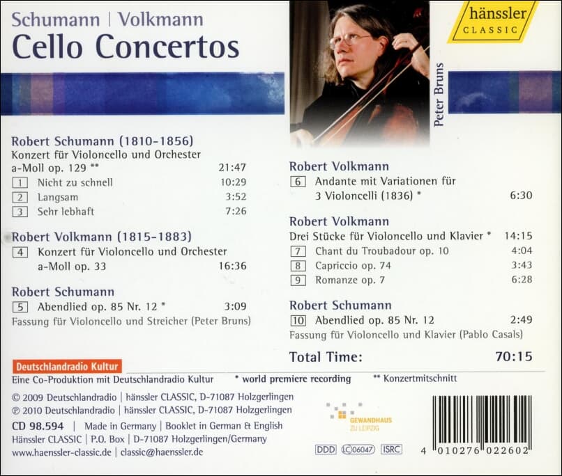 Schumann, Volkmann (슈만 & 폴크만) : Cello Concertos - 브룬스 (Peter Bruns)(독일발매)