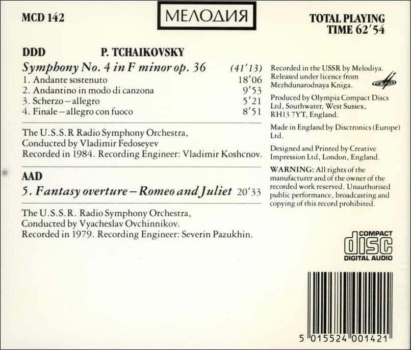 Tchaikovsky: Symphony No.4(로미오와 줄리엣 서곡) - 페도세예프 (Vladimir Fedoseyev) (UK발매)