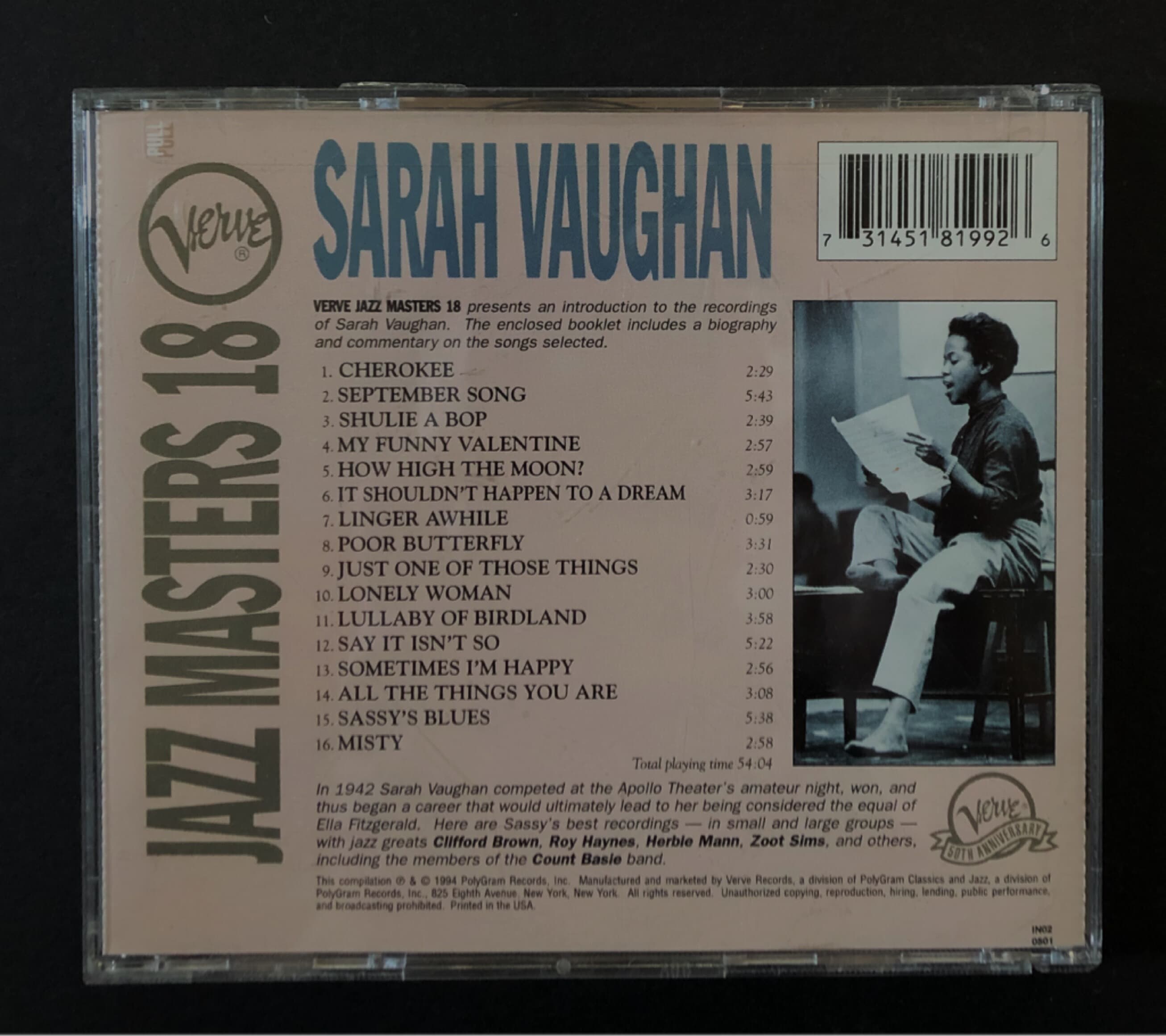 [CD] 수입반 SARAH VAUGHAN - JAZZ MASTERS18 (US 발매)