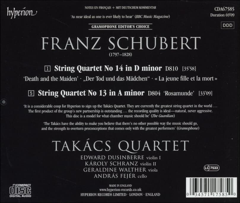 Schubert :Death And The Maiden (현악 사중주 13번 ‘로자문데‘ & 14번 ‘죽음과 소녀‘) - 타카치 사중주단 (Takacs Quartet)(UK발매)