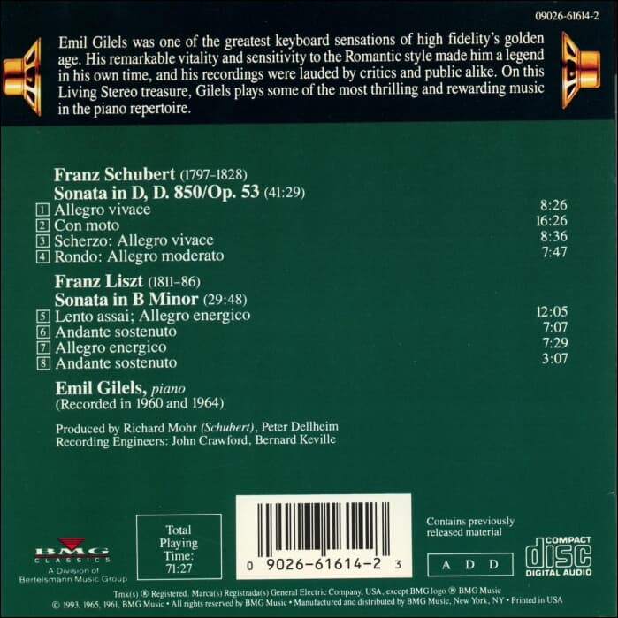 슈베르트 (Franz Schubert), 리스트 (Franz Liszt) : 에밀 길레스가 연주하는 슈베르트 & 리스트 - 길렐스 (Emil Gilels)(US발매)