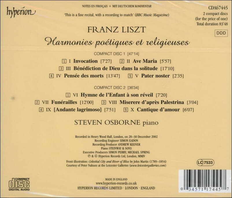 리스트 (Franz Liszt) : 시적이고 종교적인 선율 - 오스본 (Steven Osborne)(2cd)(UK발매)