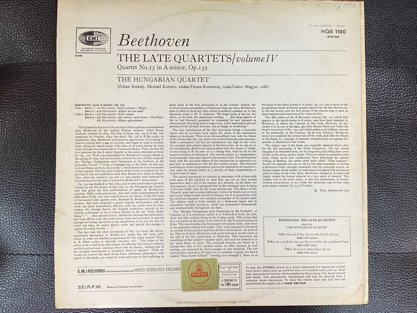 [LP] 헝가리 콰르텟 - Hungarian Quartet - Beethoven: The Late Quartets Vol.4: No.15 Op.132 in A minor LP [U.K반]
