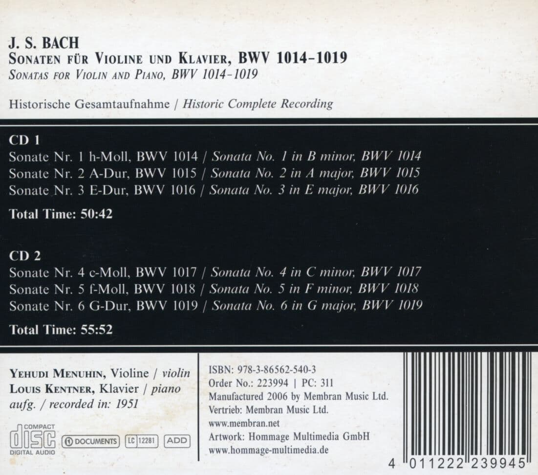 예후디 메뉴인,루이스 켄트너 - Yehudi Menuhin, Louis Kentner - Sonatas For Violin & Piano 2Cds [독일발매]