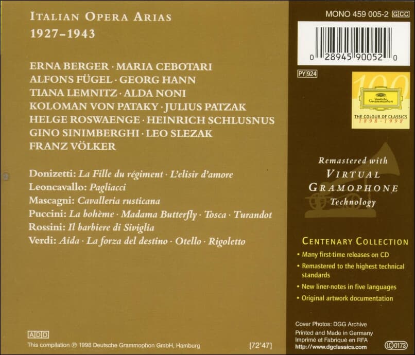 Italian Opera Arias - Heinrich Schlusnus , Leo Slezak , Koloman Von Pataky (독일발매)