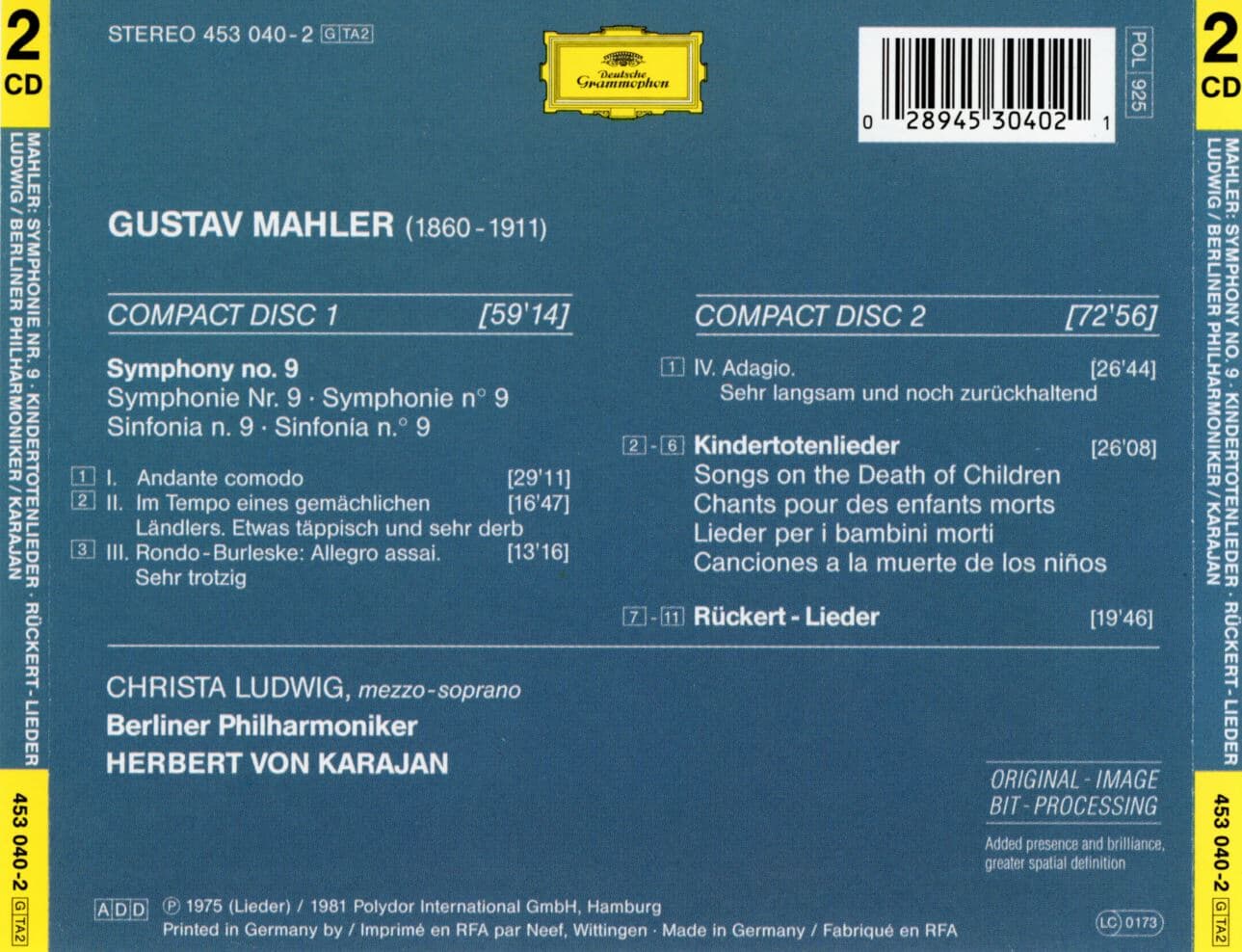 카라얀 - Karajan - Mahler Symphony No.9 , Kindertotenlieder 2Cds [독일발매]