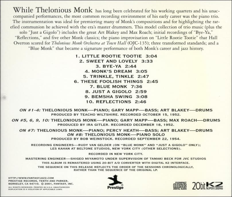 텔로니어스 몽크 (Thelonious Monk) - Thelonious Monk Trio (20bit)(US발매)