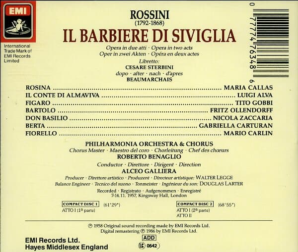 [수입][중고] Rossini - Il Barbiere di Siviglia - Philharmonia - Galliera (2CD)