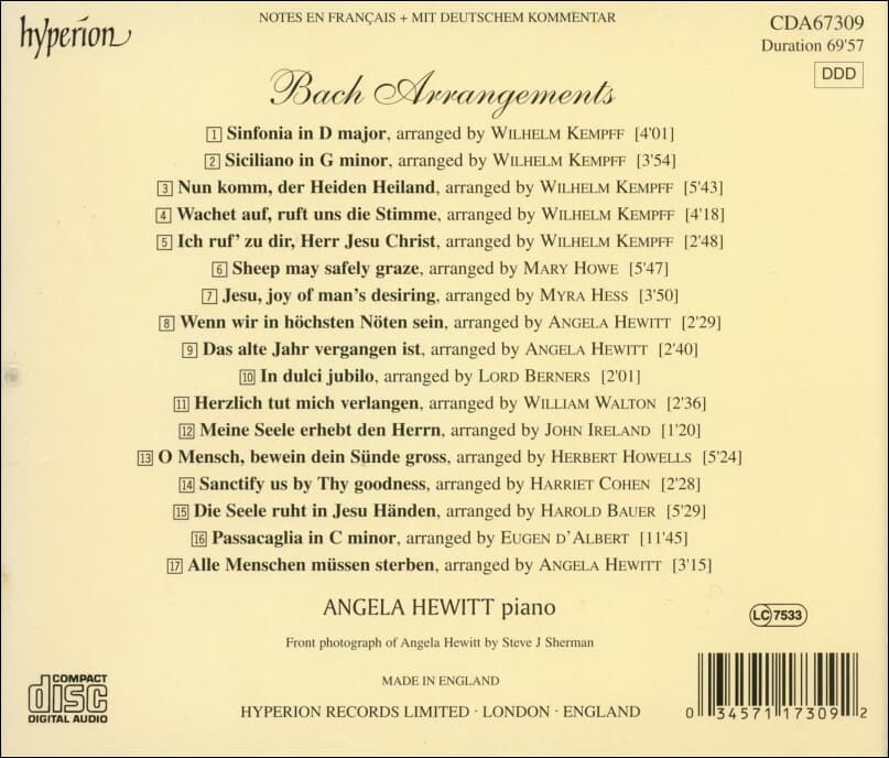 Bach : Bach Arrangements (바흐 :피아노 편곡 작품집) - 휴이트 (Angela Hewitt) (UK발매)