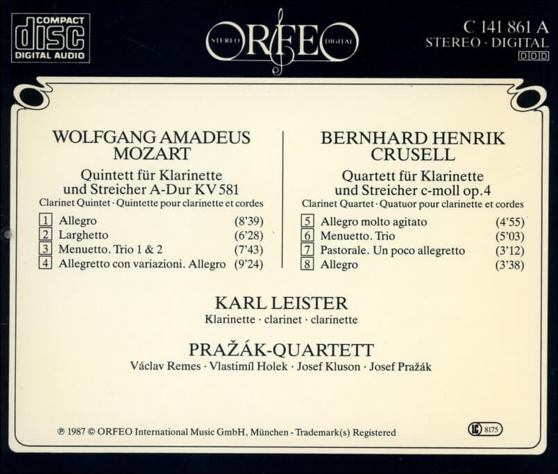 Mozart , Crusell : Klarinettenquartett Op. 4 (클라리넷 5중주) - 프라작 사중주단 (Prazak Quartet) (독일발매)