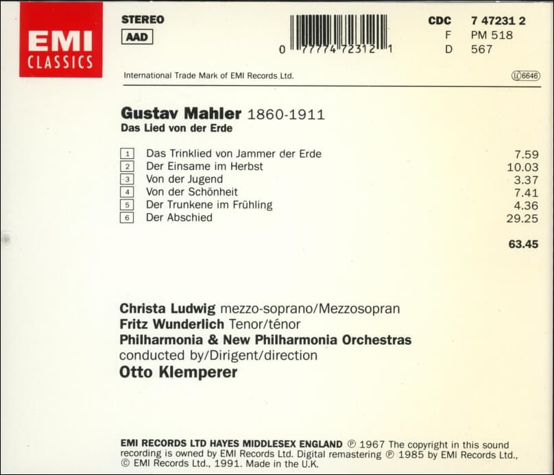 Mahler :  Das Lied Von Der Erde (대지의 노래) - 클렘페러 (Otto Klemperer) , 루드비히 (Christa Ludwig)(UK발매)