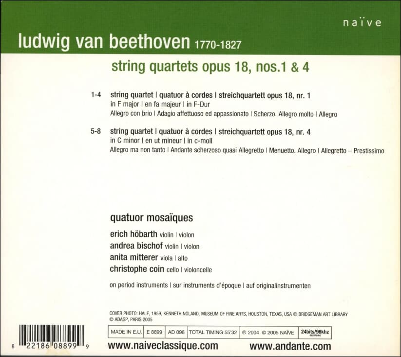 Beethoven : String Quartets Opus 18 Nos. 1 & 4, - 모자이크 4중주단 (Quatuor Mosaiques) (EU발매)