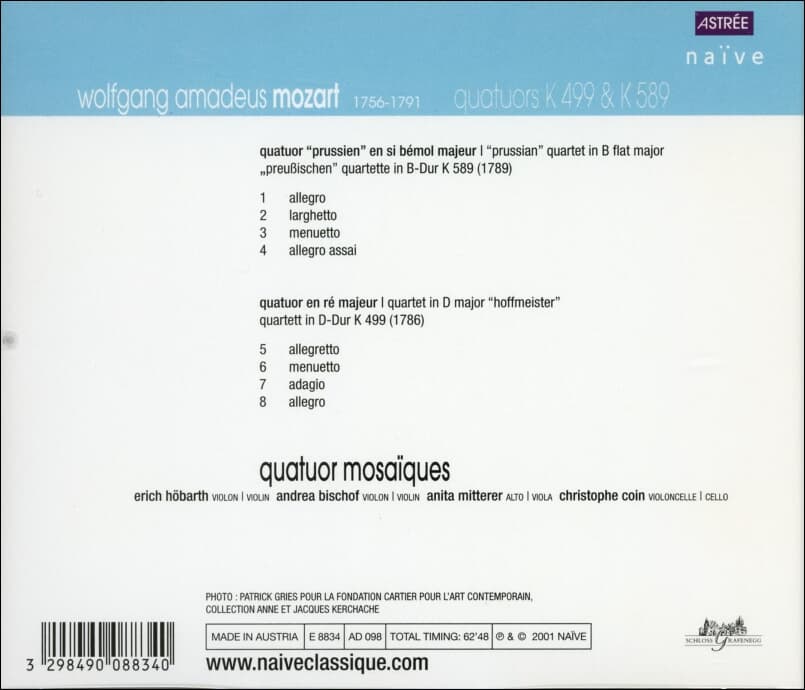 Mozart : Quatuors K 499 & K 589 (현악 4중주 '호프마이스터' 외) - 모자이크 4중주단 (Quatuor Mosaiques)(유럽발매)