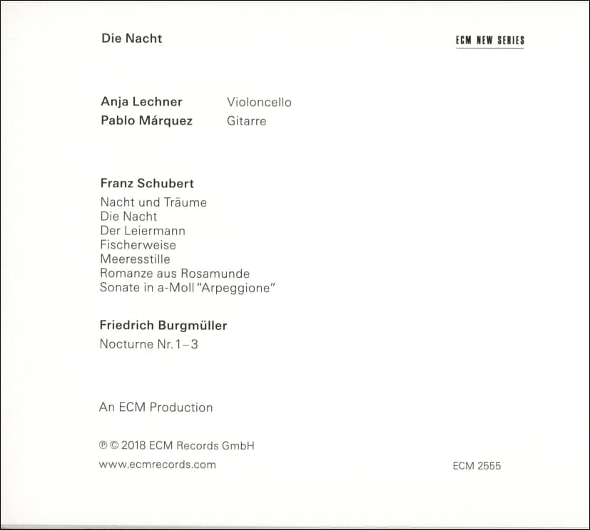 Schubert : Die Nacht Anja Lechner (아르페지오네 소나타, 밤과 꿈, 로망스) - 레흐너 (Anja Lechner),마르케스 (Pablo Marquez)(독일발매)