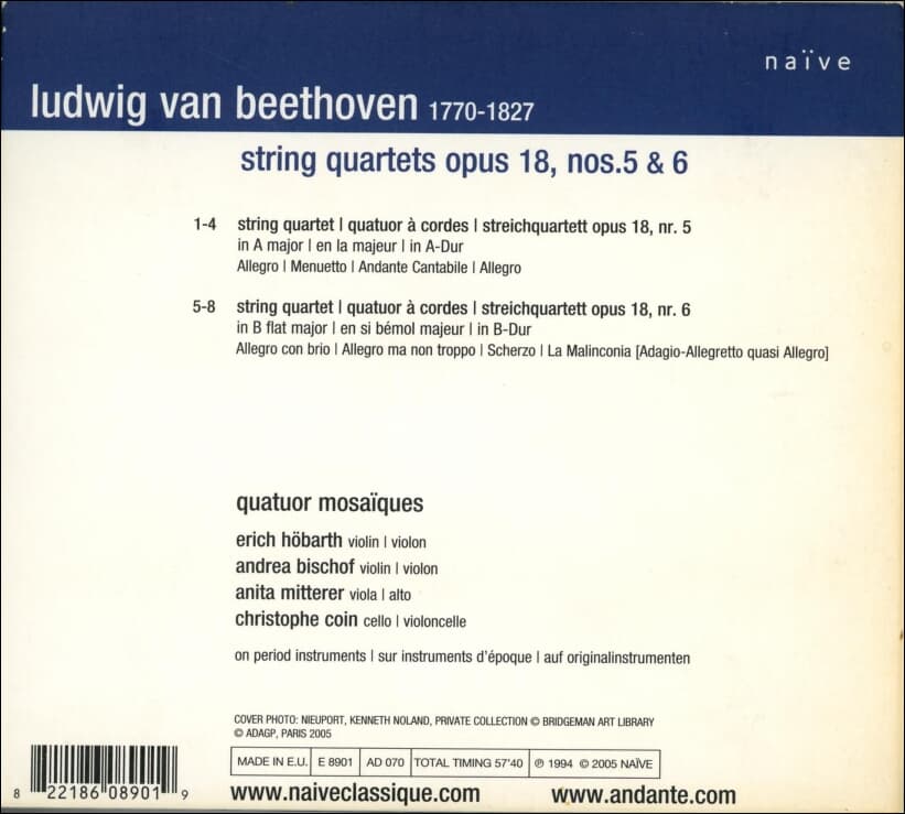 Beethoven : String Quartets Opus 18 Nos. 5 & 6 (현악 사중주) - 모자이크 4중주단 (Quatuor Mosaiques)(EU발매)