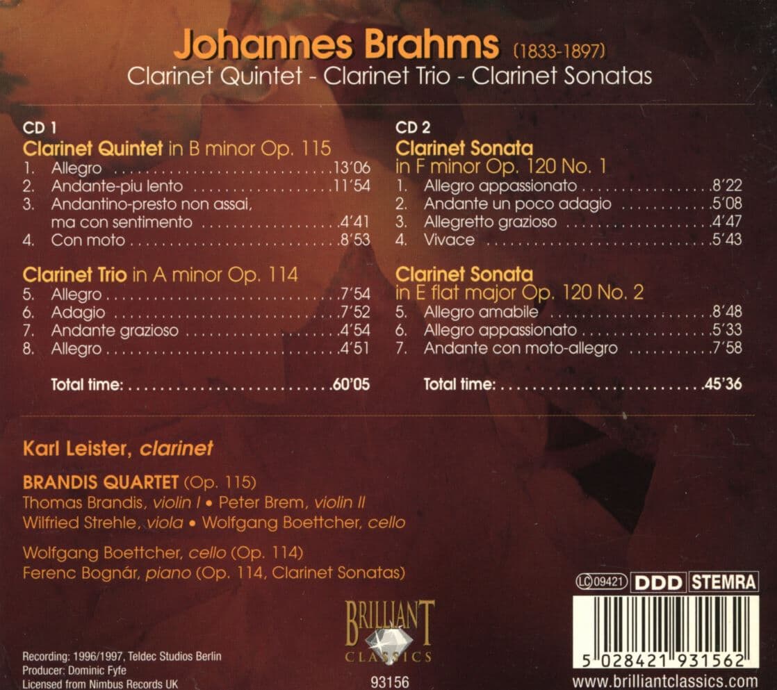 칼 라이스터 - Karl Leister - Brahms Clarinet Quintet , Clarinet Trio , Clarinet Sonatas [디지팩] [홀랜드발매]