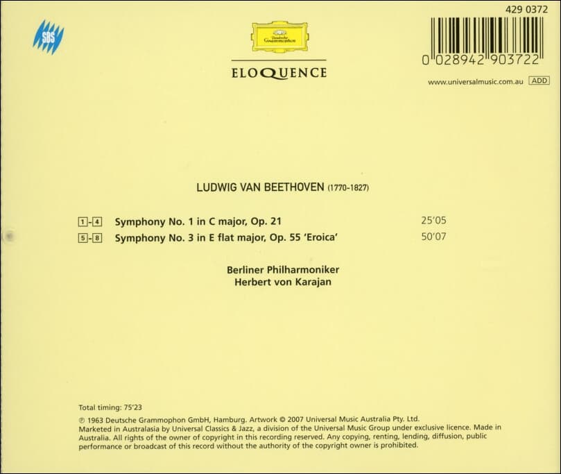 Beethoven : Symphonies 3  'Eroica' 영웅 - 카라얀 (Herbert Von Karajan)(유럽발매)
