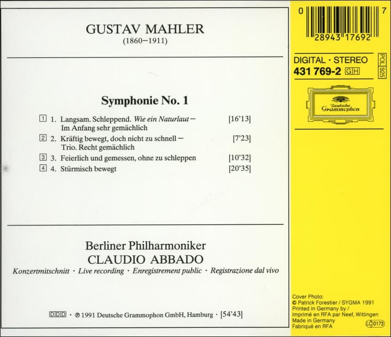 말러 (Gustav Mahler) : Symphonie No. 1 - 클라우디오 아바도 (Claudio Abbado)  (독일발매)