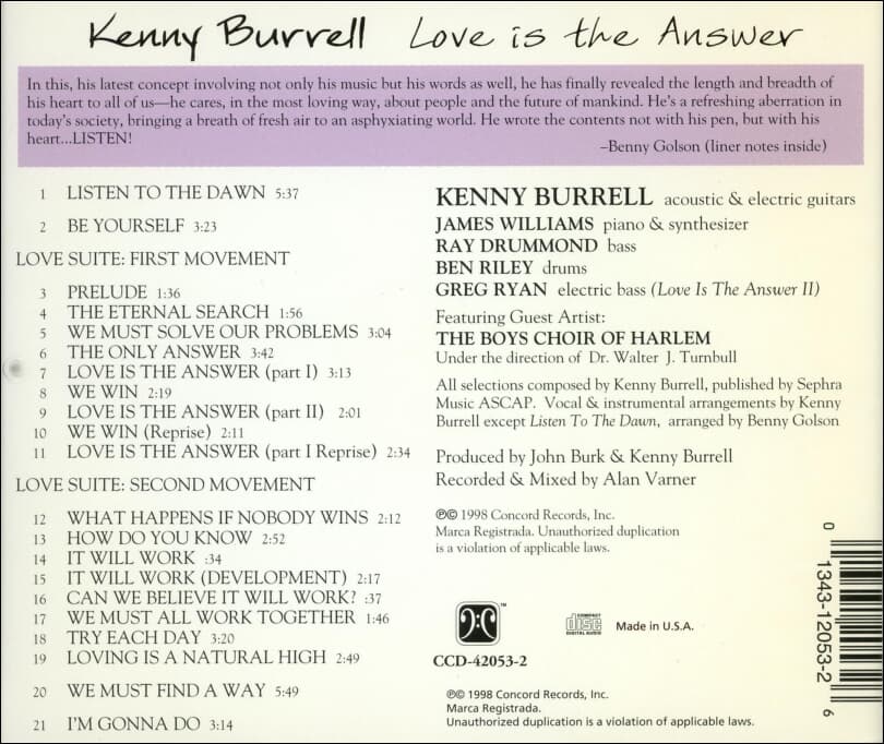 케니 버렐 (Kenny Burrell) 할렘소년 합창단 (Boys Choir Of Harlem) - Love Is The Answer (US발매)