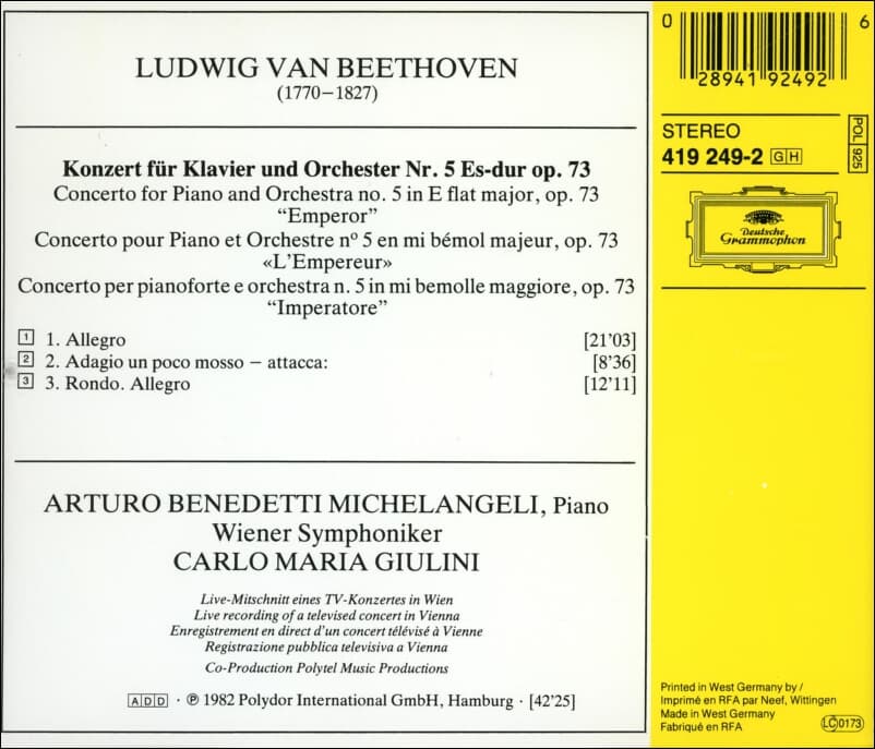 Beethoven : Klavierkonzert No. 5 "Emperor"  협주곡 5번 '황제' -줄리니 (Carlo Maria Giulini)(독일발매)