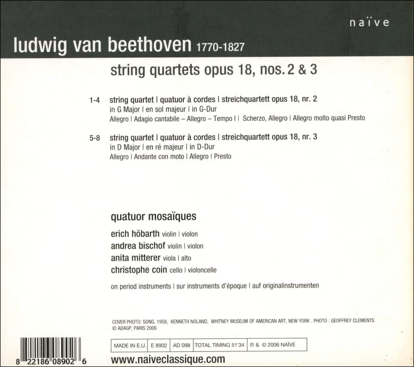 Beethoven : String Quartets Opus 18 - 모자이크 4중주단 (Quatuor Mosaiques)(EU발매)  