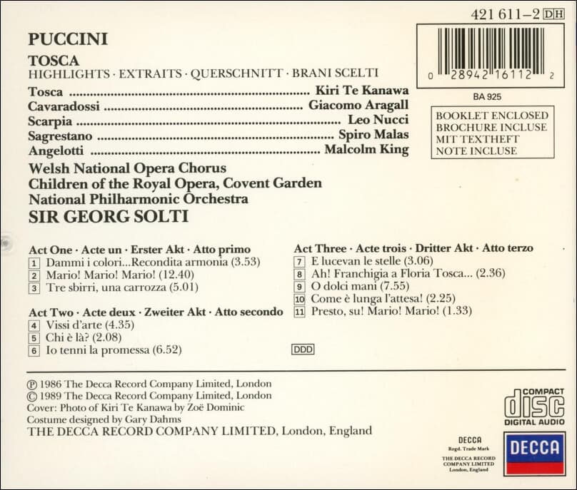 푸치니 (Giacomo Puccini) , Tosca Highlights - 카나와 (Kiri Te Kanawa)(독일발매)