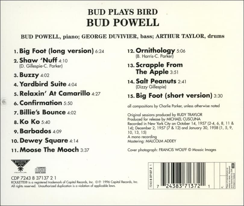 버드 파웰 (Bud Powell) - Bud Plays Bird(유럽발매)