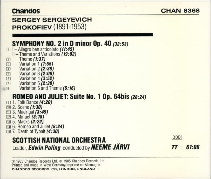 프로코피예프 (Sergei Prokofiev) : Symphony No.2 로미오와 줄리엣 조곡 1번 - 야르비 (Neeme Jarvi)(UK발매)