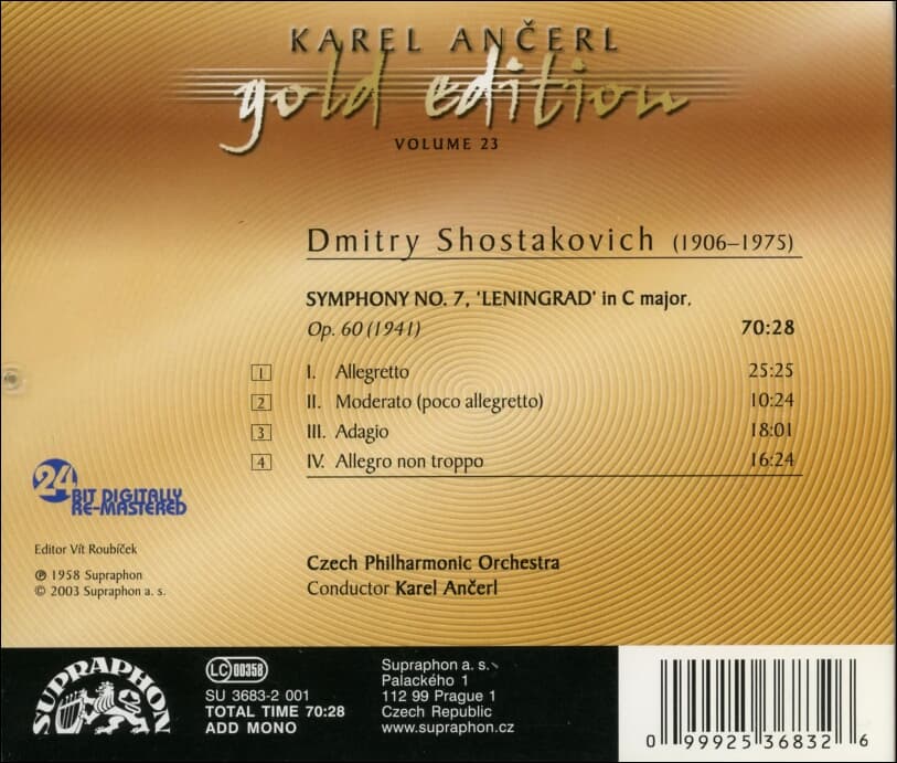 Shostakovich(쇼스타코비치) :교향곡 7번 '레닌그라드 - 카렐안체 (Karel Ancerl) (Gold Edition 24bit)(체코발매)