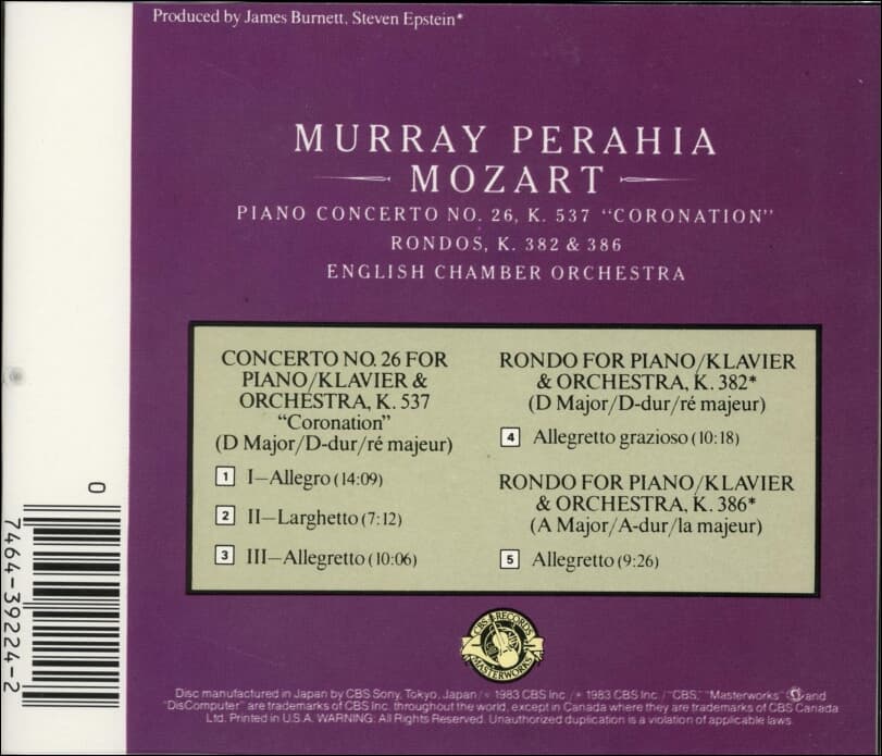 Mozart : Piano Concerto No. 26, K. 537 "Coronation" - 페라이어 (Murray Perahia) (US발매)