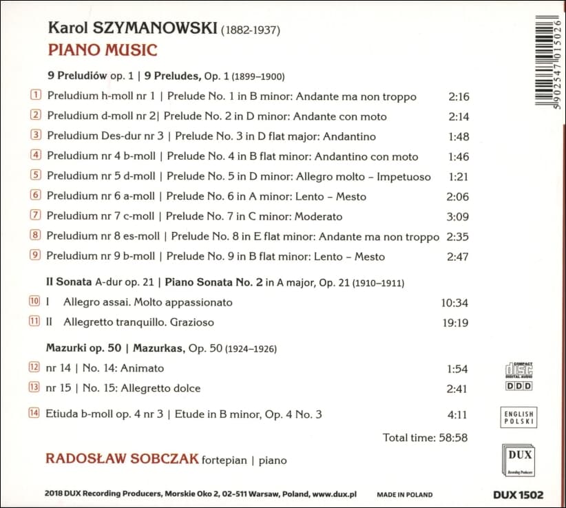 시마노프스키 (Karol Szymanowski) - Radosław Sobczak : Piano Music (Poland발매)