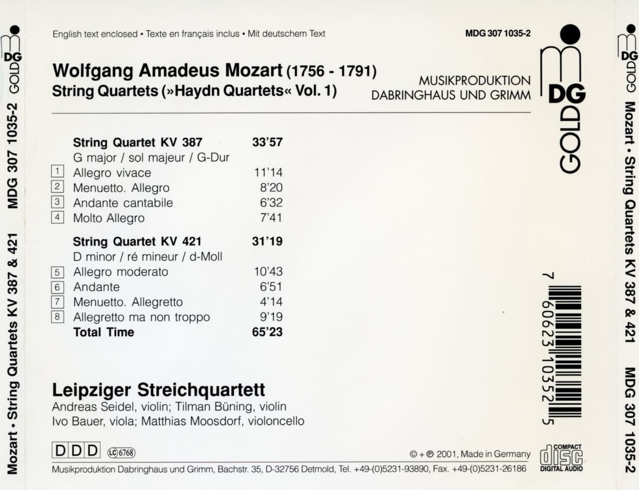 라이프치히 콰르텟 - Leipziger Streichquartett - Mozart String Quartets KV.387 & 421 [독일발매]