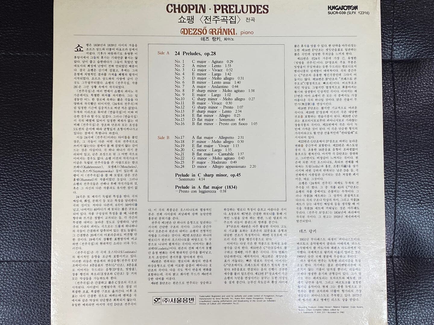 [LP] 졸탄 코시스 - Dezso Ranki - Chopin  Preludesr LP [서울-라이센스반]