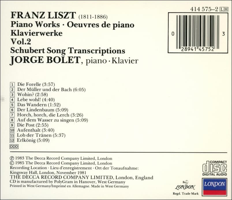 Liszt : Schubert Song Transcriptions (슈베르트 송 필사본) - 볼레 (Jorge Bolet) (독일발매)