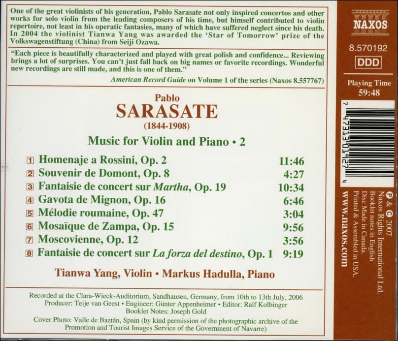 사라사테 (Pablo de Sarasate) :  바이올린과 피아노를 위한 작품 2집 - 하둘라 (Markus Hadulla),티안와 양 (Tianwa Yang)(US발매)